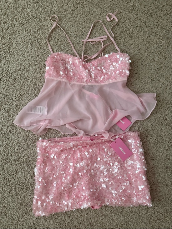 Edikted Dresses & Skirts - Edikted Pink Sequin Two-Piece Babydoll Top & Skirt